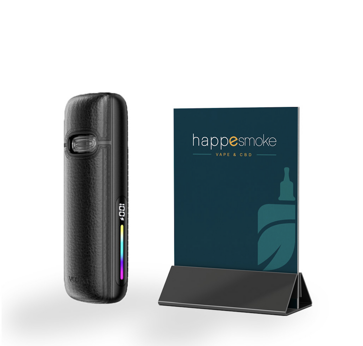Pod Vmate E2 de Voopoo, cigarette électronique compacte noire texturée avec écran coloré sur fond blanc, illustrant le guide pour choisir sa première cigarette électronique