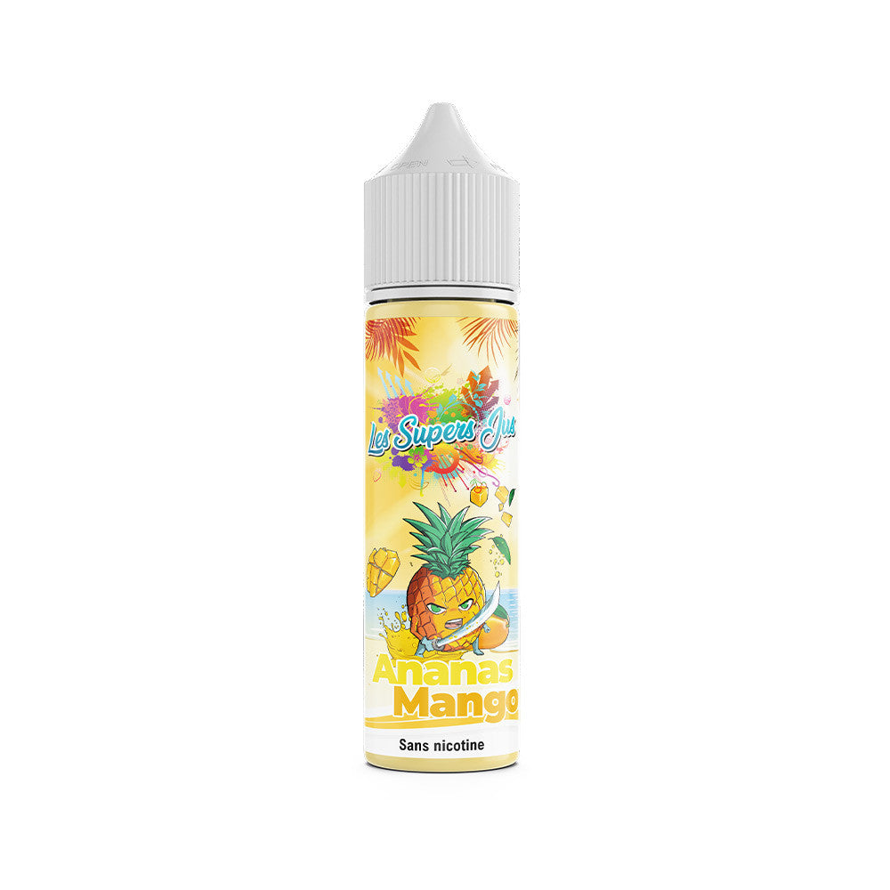 E-liquide Ananas Mango 50 ml - Les Supers Jus. E-liquide Ananas Mango avec flacon blanc et étiquette colorée illustrée d'un ananas animé