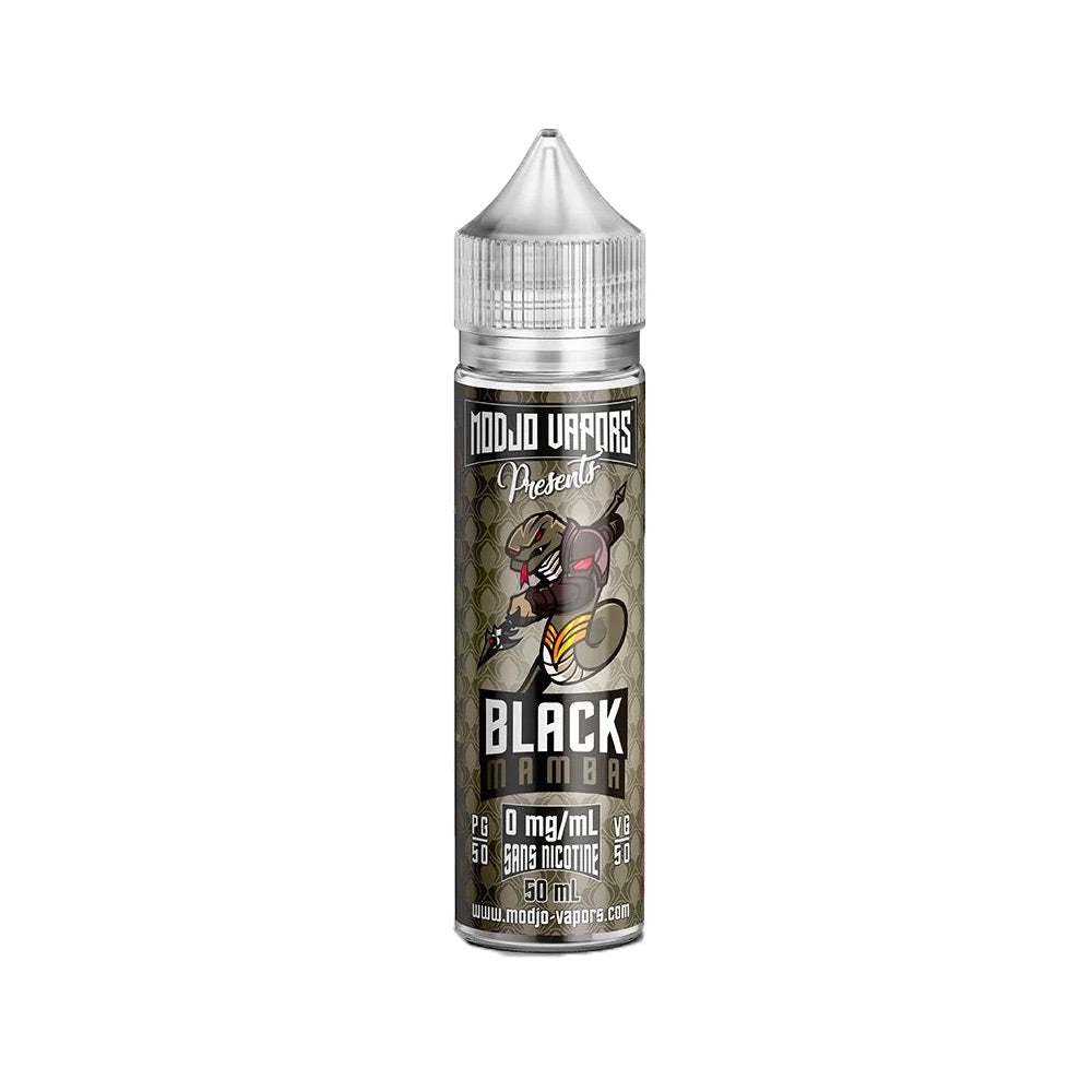 E liquide Black Mamba 50 ml - Modjo Vapors. E liquide Black Mamba flacon transparent avec étiquette noire et marron à motif serpent