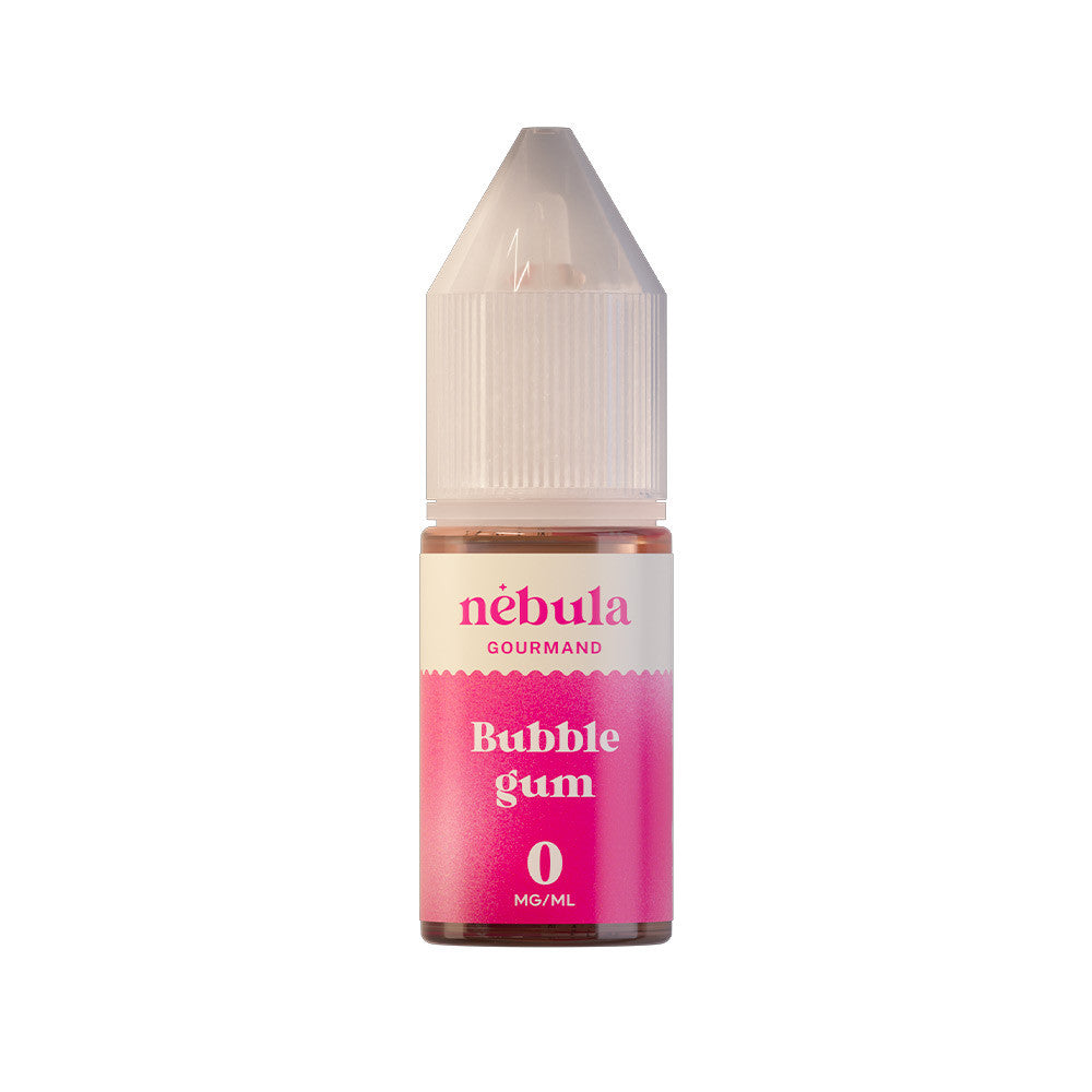 E-liquide Bubble Gum 10 ml - Nébula. E-liquide Bubble Gum flacon transparent avec étiquette rose et blanche