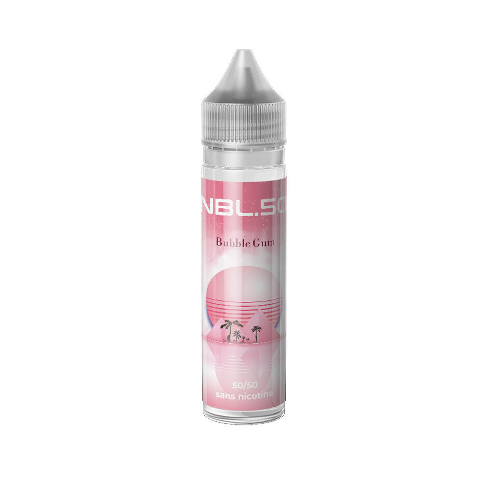 E-liquide Bubble Gum 50 ml - NBL. 50. E-liquide Bubble Gum avec flacon transparent et étiquette rose illustrée de palmiers