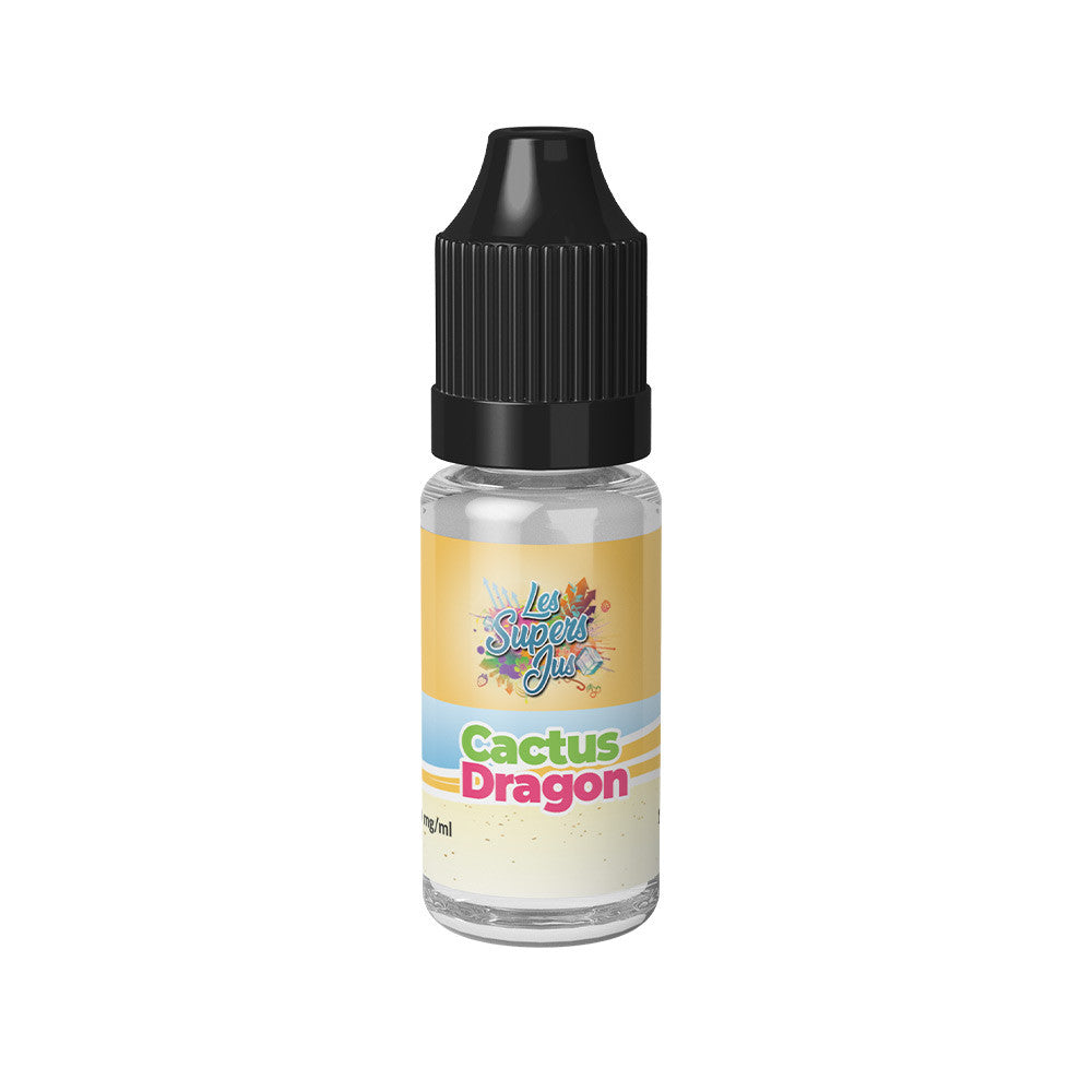 E-liquide Cactus Fruit du Dragon 10 ml - Les Supers Jus. E-liquide Cactus Fruit du Dragon avec flacon transparent et bouchon noir