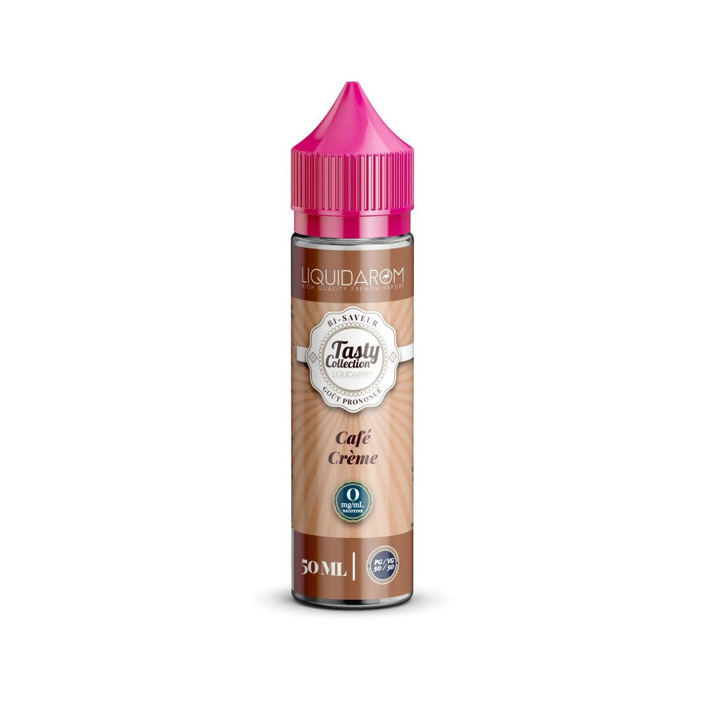 E-liquide Café Crème 50 ml - Tasty Collection - LiquidArom. E-liquide Café Crème avec bouchon rose et étiquette beige marron
