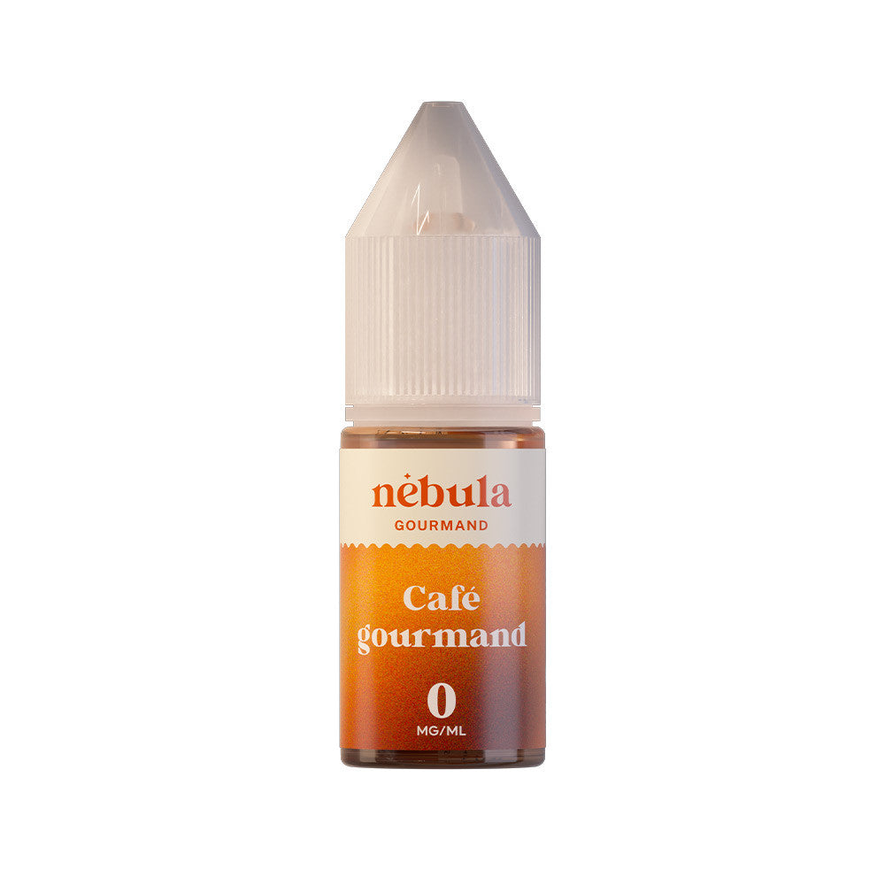 E-liquide Café Gourmand 10 ml - Nébula. E-liquide Café Gourmand avec flacon transparent et bouchon blanc