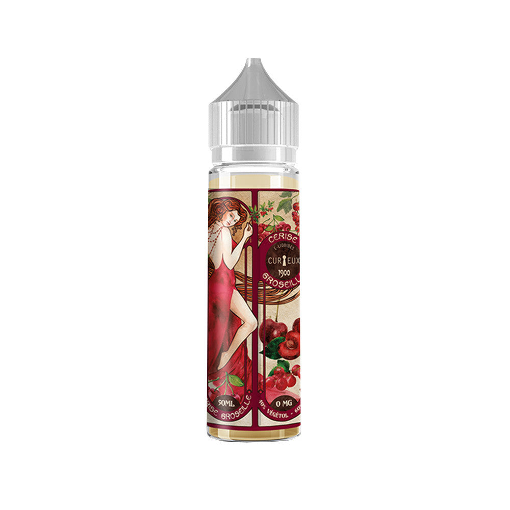 E-liquide Cerise Groseille 50 ml - Curieux. E-liquide Cerise Groseille avec étiquette illustrée d'une femme en robe rouge et fruits rouges