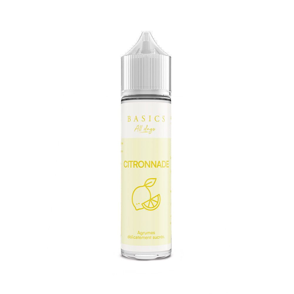 E liquide Citronnade 50 ml - Les basics. E liquide Citronnade 50 ml flacon transparent avec étiquette jaune et dessin de citron