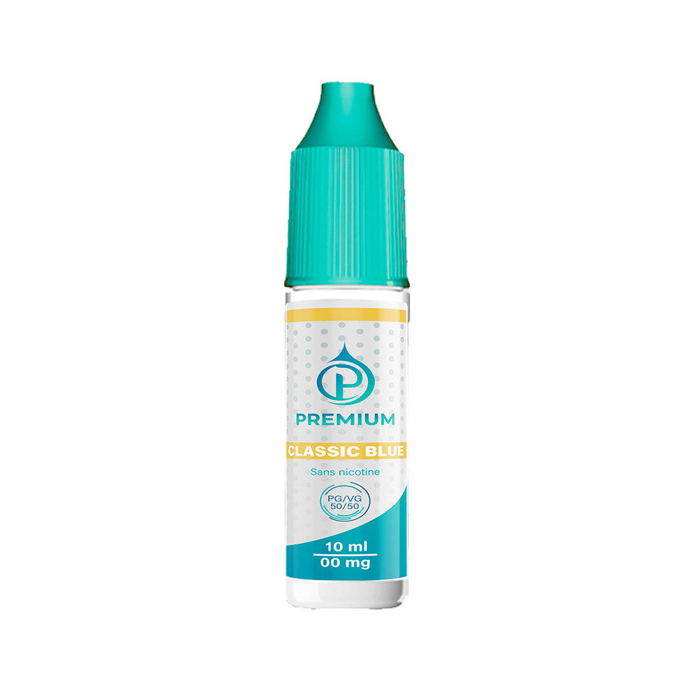 E-liquide Classic Blue 10 ml - Premium (ex OMEGA). E-liquide Classic Blue avec bouchon turquoise et étiquette blanche et bleue