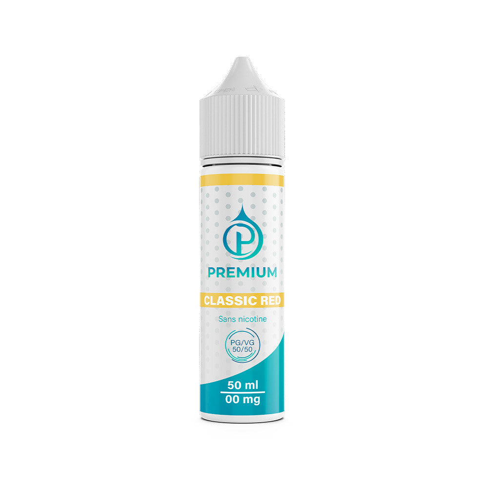 E-liquide Classic Red 50 ml - Premium (ex OMEGA). E-liquide Classic Red flacon blanc avec motifs gris et bande jaune et bleue