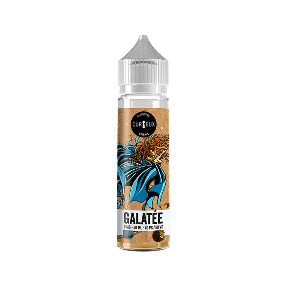 E-liquide Galatée 50 ml - Curieux. E-liquide Galatée avec illustration colorée sur étiquette et bouchon gris transparent
