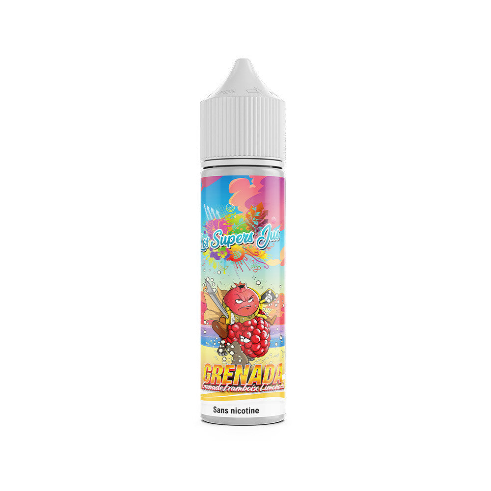 E-liquide Grenada 50 ml - Les Supers Jus. E-liquide Grenada avec illustration colorée de fruits animés sur fond dégradé
