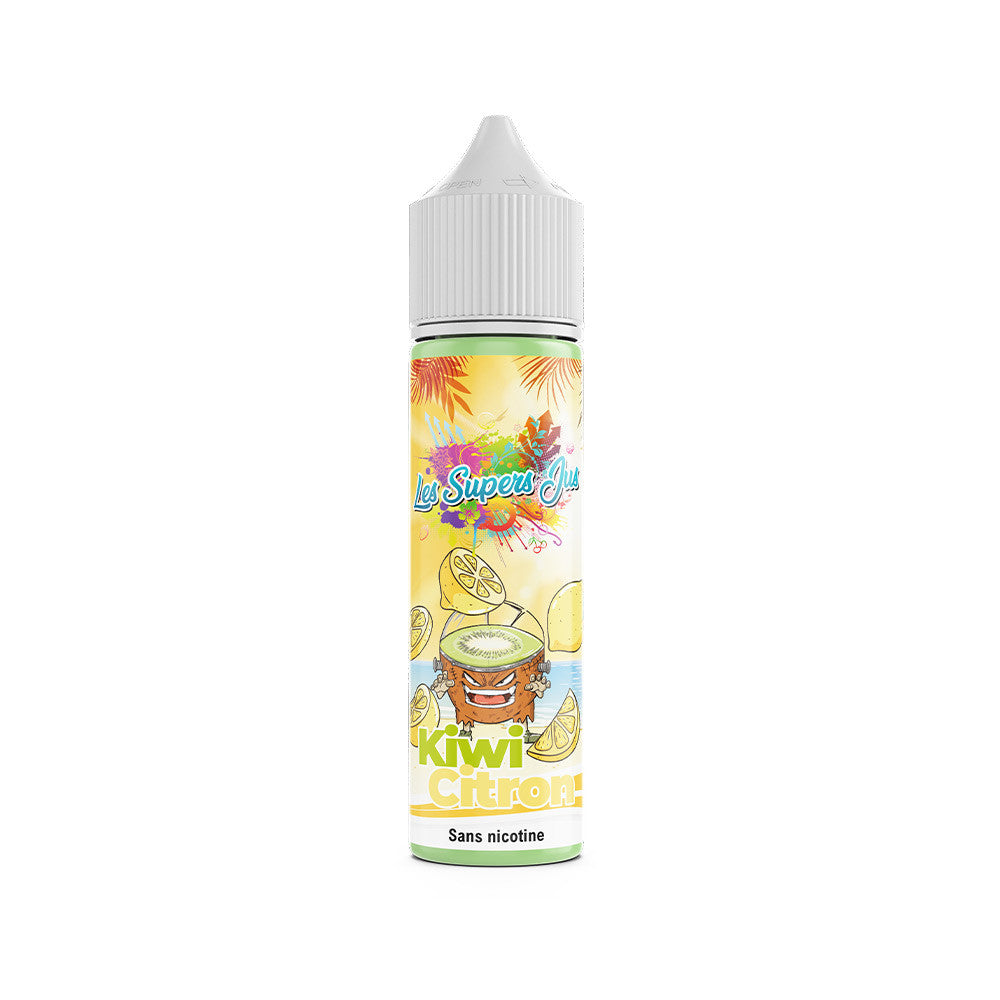 E-liquide Kiwi Citron 50 ml - Les Supers Jus. E-liquide Kiwi Citron avec dessin cartoon de kiwi et tranches de citron sur fond coloré
