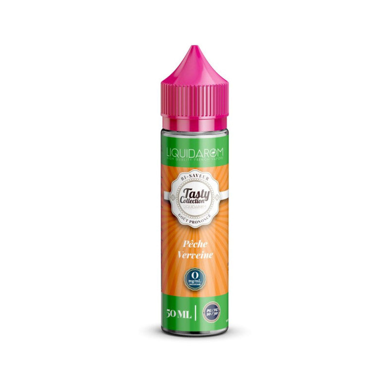 E Liquide Pêche Verveine 50 ml - Liquidarom. E Liquide Pêche Verveine avec flacon transparent et bouchon rose