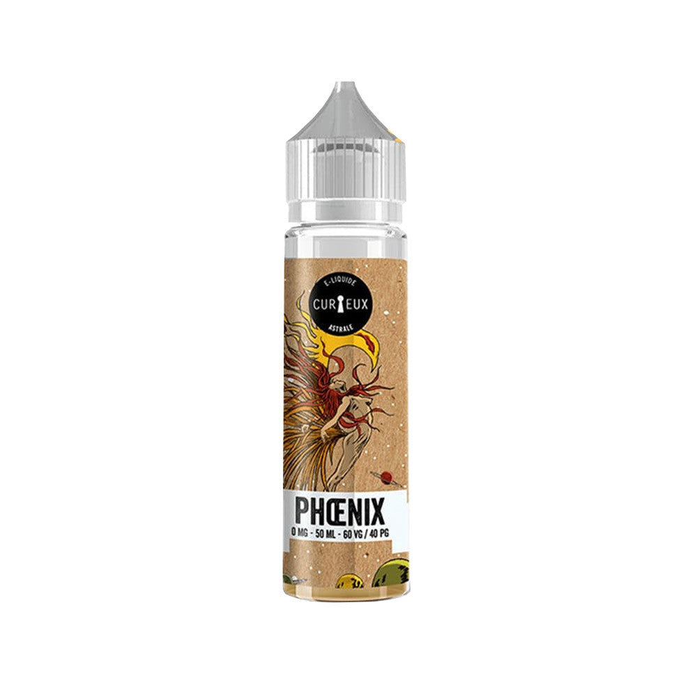 E-liquide Phoenix 50 ml - Curieux. E-liquide Phoenix avec flacon transparent et étiquette illustrée d'un oiseau mythologique rouge et jaune