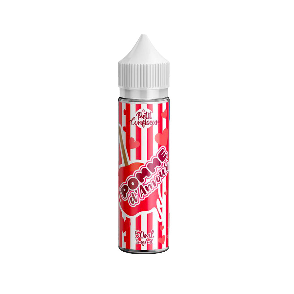 E-liquide Pomme d'Amour 50 ml - Le Petit Confiseur. E-liquide Pomme d'Amour 50 ml flacon blanc avec étiquette rouge à rayures et cœurs