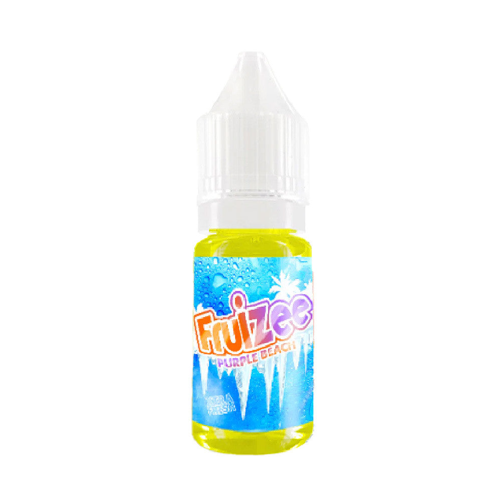 E-liquide Purple Beach 10 ml - Fruizee. E-liquide Purple Beach flacon transparent avec étiquette bleue et texte coloré