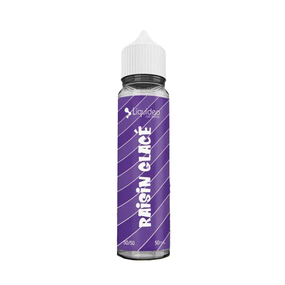 E-liquide Raisin Glacé 50 ml - Liquideo. E-liquide Raisin Glacé flacon transparent avec étiquette violette et texte blanc vertical
