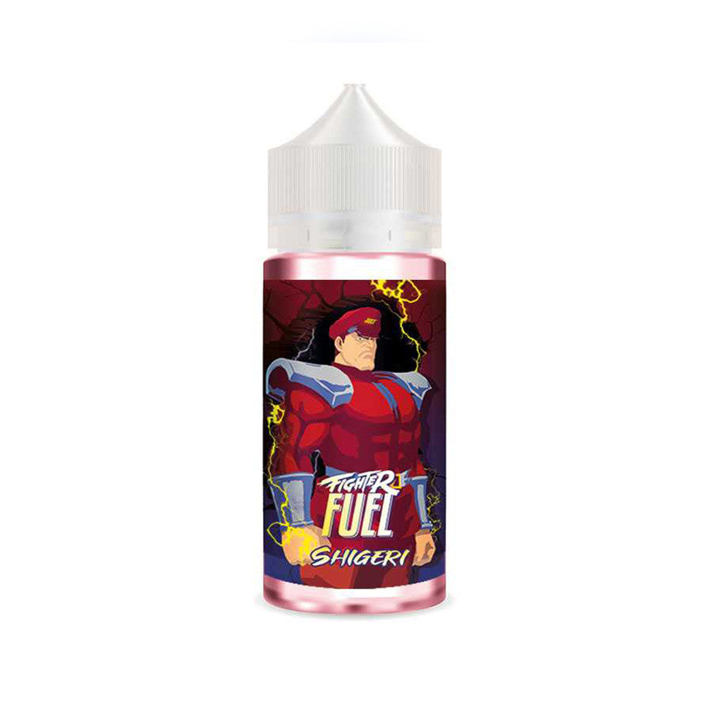 E-liquide Shigeri 100 ml - Fighter Fuel. E-liquide Shigeri avec flacon transparent et étiquette illustrée d'un personnage en armure rouge