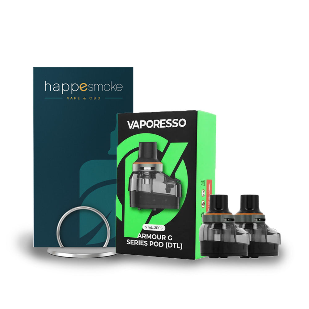 Cartouches Armour G 5 ml - Vaporesso. Cartouches Armour G avec boîtier noir translucide et emballage vert Vaporesso
