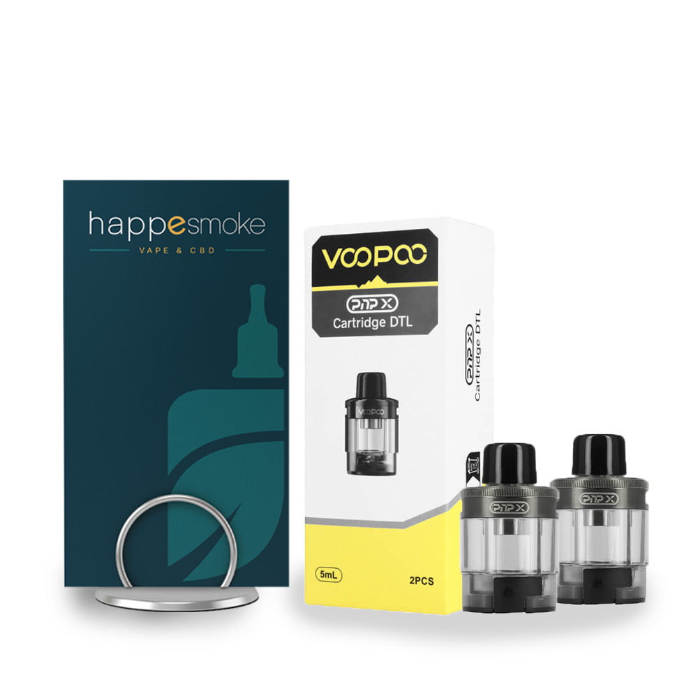 Cartouches PNP X DTL 5 ml - Voopoo. Cartouches PNP X DTL 5 ml transparentes avec embouts noirs à côté de leur boîte blanche et jaune