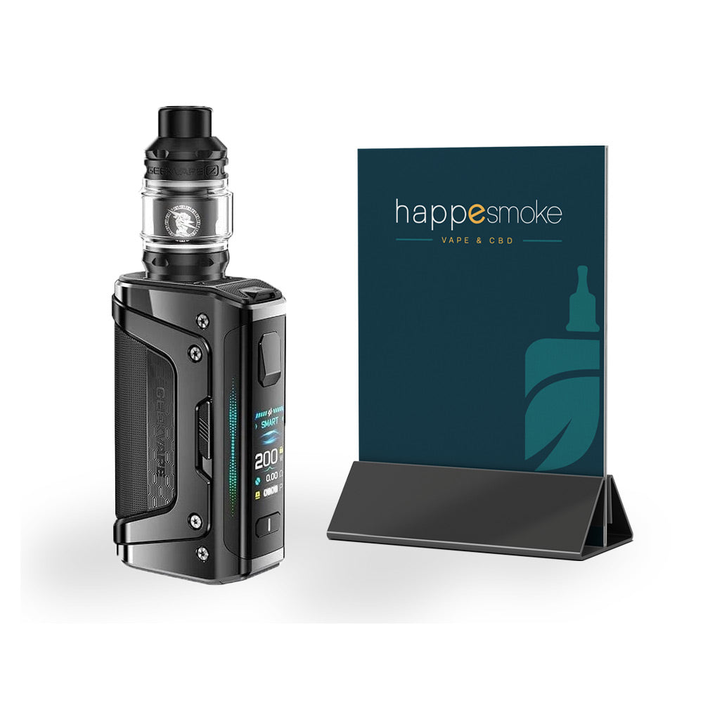 Kit Legend 5 200W - GeekVape. Kit Legend 5 200W appareil de vape noir avec écran digital et support de présentation happesmoke