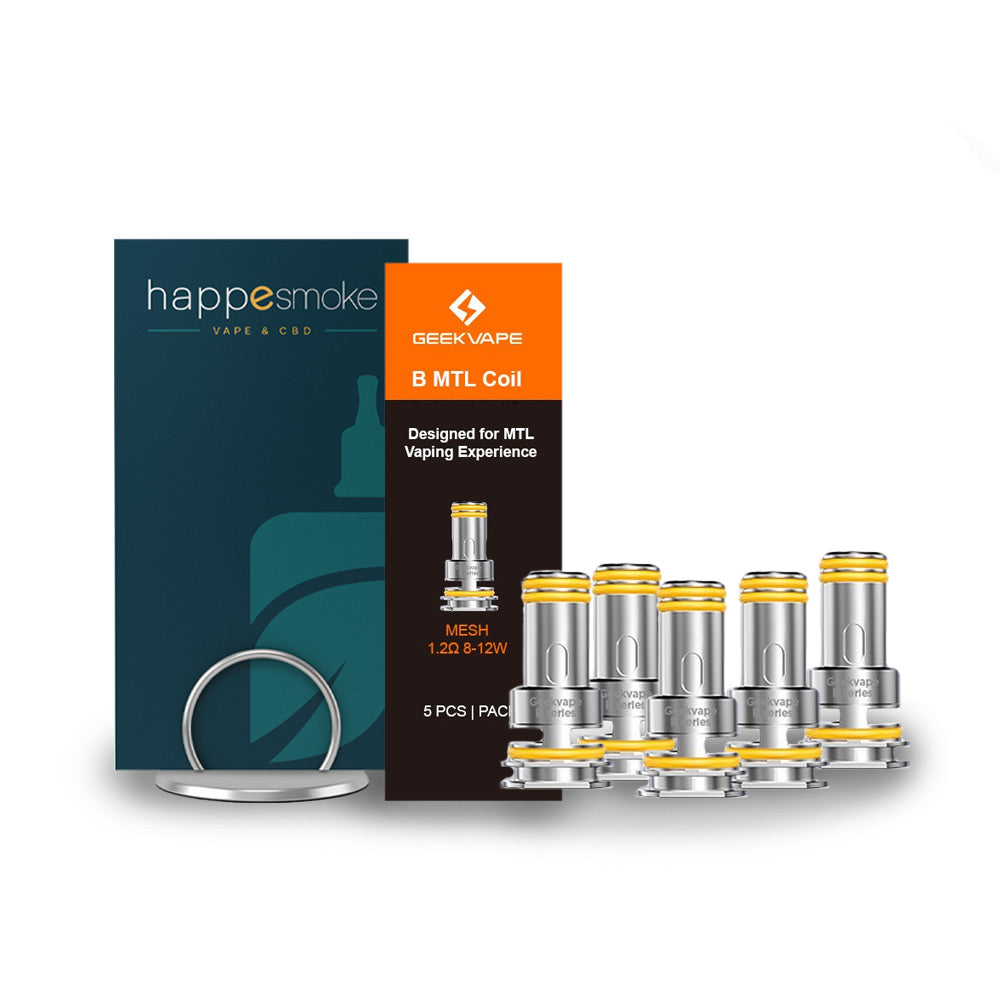 Résistances B Serie MTL - GeekVape. Résistances B Serie MTL en métal avec anneaux jaunes, pack de cinq pièces présenté devant deux boîtes