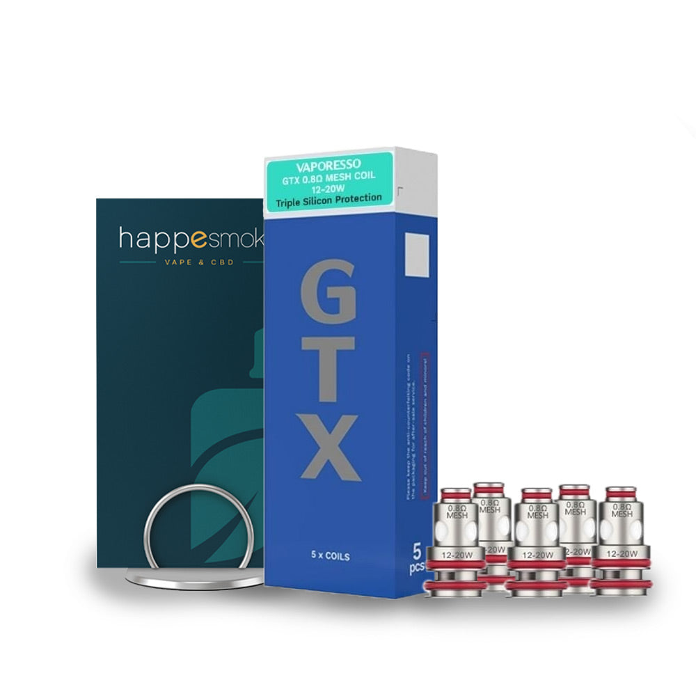 Résistances GTX - Vaporesso. Résistances GTX avec boîtier bleu et bagues rouges posées à côté