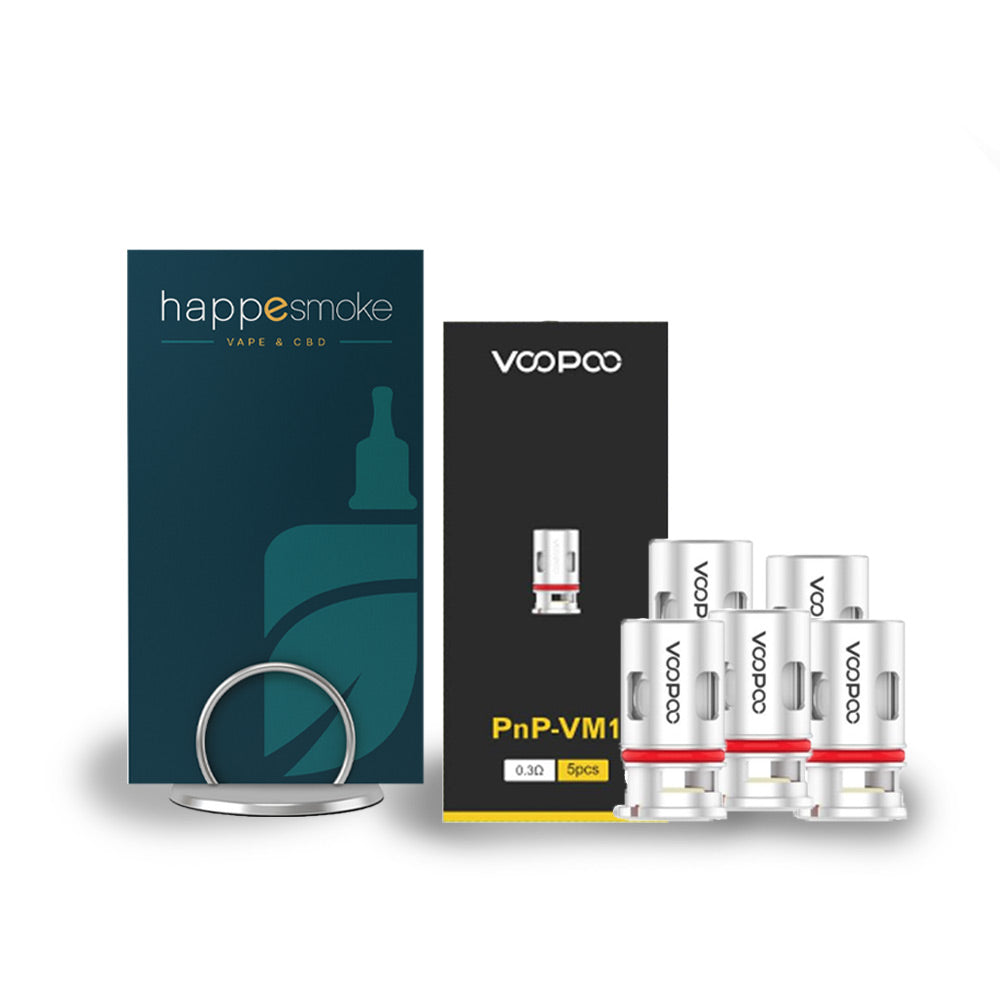 Résistances PNP - Voopoo. Résistances PNP Voopoo en métal avec bague rouge présentées devant une boîte noire