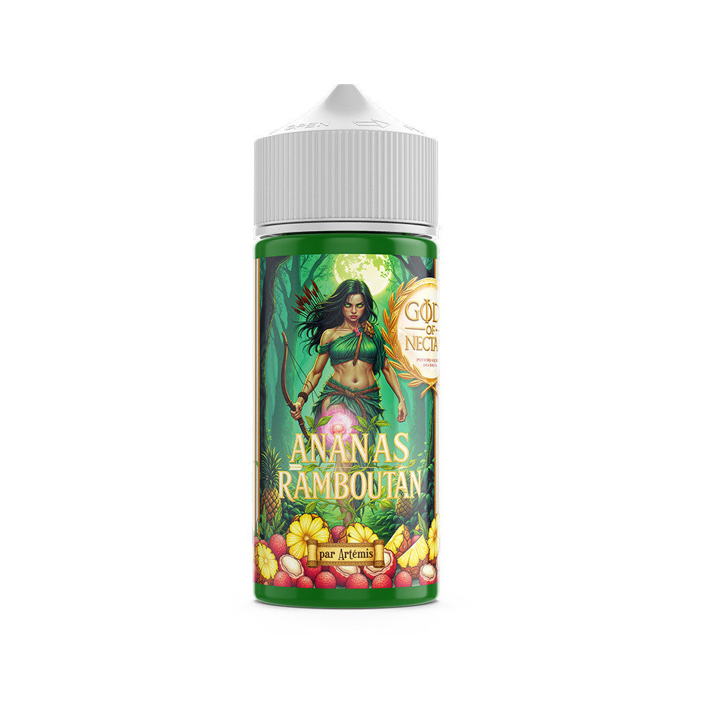 E liquide Artemis 100 ml - Gods of Nectaar. E liquide Artemis avec illustration d'une femme archère dans une forêt, fruits tropicaux en bas