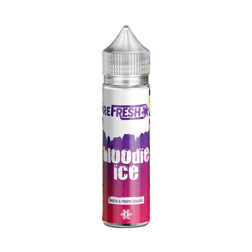 E-liquide Bloodie Ice 50 ml - Refresh. E-liquide Bloodie Ice flacon transparent avec étiquette dégradé violet et rouge