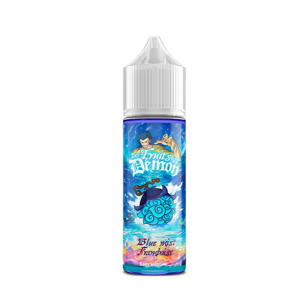 E-liquide Blue Mist Framboise 50 ml- Les fruits du Démon. E-liquide Blue Mist Framboise avec illustration colorée sur fond bleu