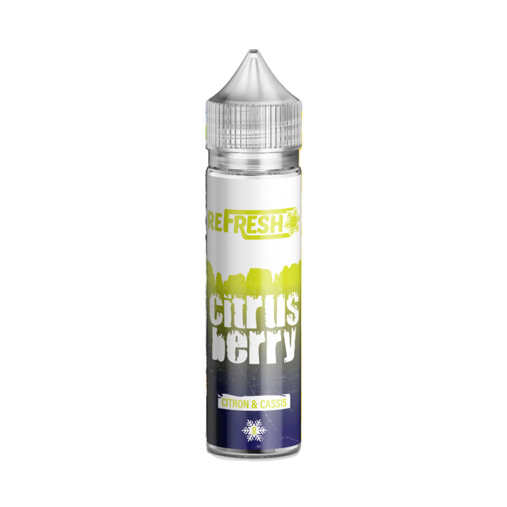 E-liquide Citrus Berry 50 ml - Refresh. E-liquide Citrus Berry avec flacon transparent et étiquette blanche et verte