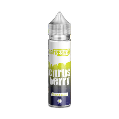 E-liquide Citrus Berry 50 ml - Refresh. E-liquide Citrus Berry avec flacon transparent et étiquette blanche et verte