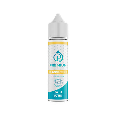 E-liquide Classic Red 50 ml - Premium (ex OMEGA). E-liquide Classic Red flacon blanc avec motifs gris et bande jaune et bleue