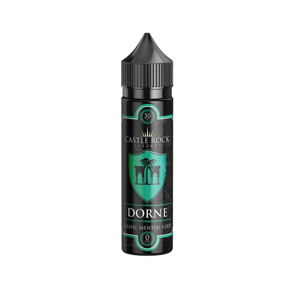 E-liquide Dorne 50 ml - Castle Rock. E-liquide Dorne avec flacon noir et étiquette verte et noire
