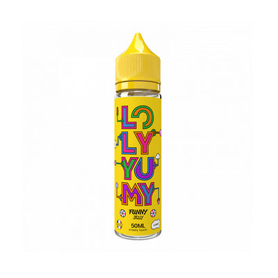 E-liquide Funny Jelly 50 ml - Etasty. E-liquide Funny Jelly avec étiquette jaune aux lettres colorées et bouchon jaune
