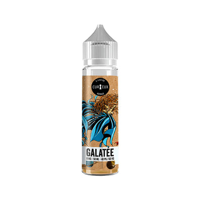 E-liquide Galatée 50 ml - Curieux. E-liquide Galatée avec illustration colorée sur étiquette et bouchon gris transparent
