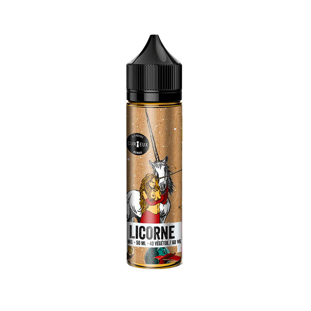 E-liquide Licorne 50 ml - Curieux. E-liquide Licorne avec illustration d'une femme en robe rouge et une licorne blanche sur fond marron