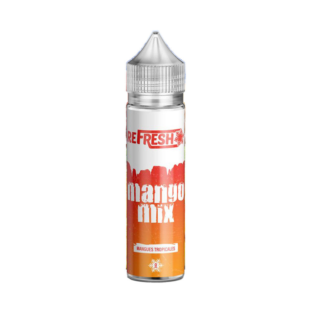 E-liquide Mango Mix 50 ml - Refresh. E-liquide Mango Mix 50 ml flacon transparent avec une étiquette orange et blanche