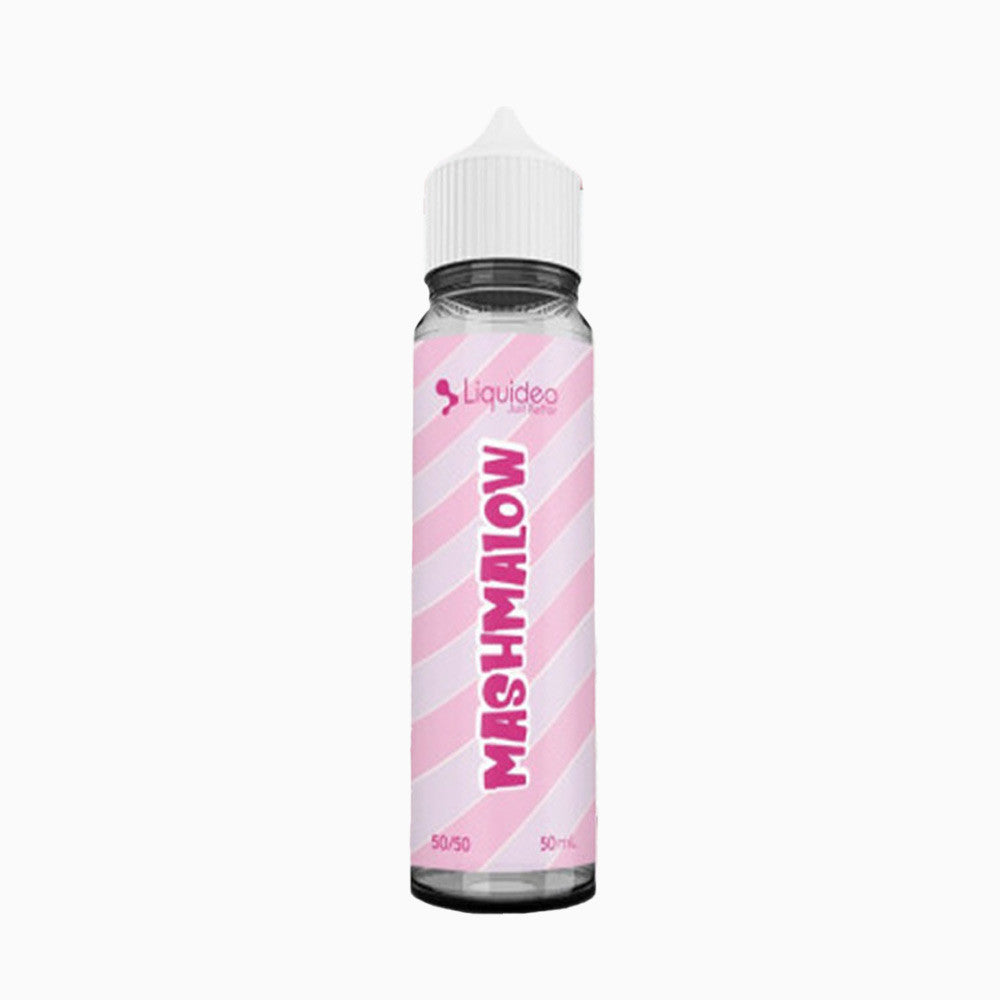 E-liquide Mashmalow 50 ml - Liquideo. E-liquide Mashmalow flacon transparent avec étiquette rose à rayures diagonales blanches