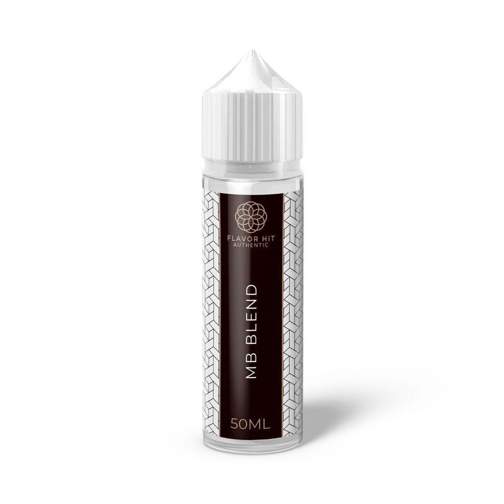 E-liquide MB blend 50 ml - Flavor hit. E-liquide MB blend avec flacon transparent et étiquette noire et blanche géométrique