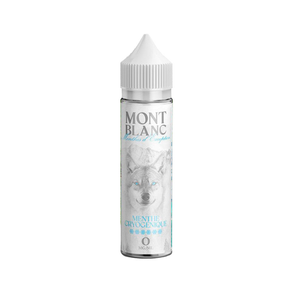 E-liquide Menthe cryogenique 50 ml - Mont Blanc. E-liquide Menthe cryogenique 50 ml avec flacon transparent et illustration de tête de loup