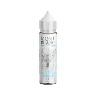 E-liquide Menthe cryogenique 50 ml - Mont Blanc. E-liquide Menthe cryogenique 50 ml avec flacon transparent et illustration de tête de loup