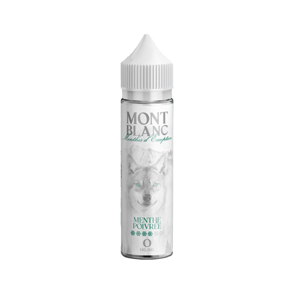E-liquide Menthe Poivrée 50 ml - Mont Blanc. E-liquide Menthe Poivrée avec flacon transparent et étiquette blanche illustrée d'un loup gris