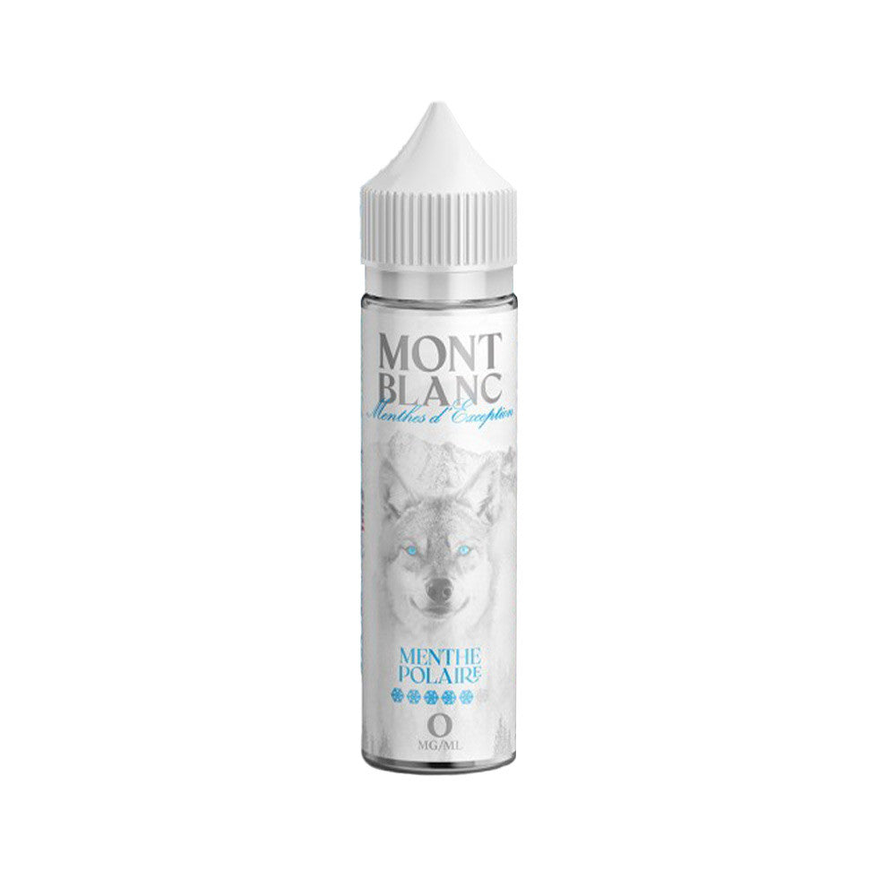 E-liquide Menthe Polaire 50 ml - Mont Blanc. E-liquide Menthe Polaire 50 ml avec design de loup aux yeux bleus sur fond blanc