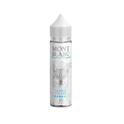 E-liquide Menthe Polaire 50 ml - Mont Blanc. E-liquide Menthe Polaire 50 ml avec design de loup aux yeux bleus sur fond blanc
