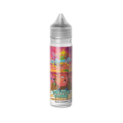 E-liquide Pim Pam Pomme 50 ml - Les Supers Jus. E-liquide Pim Pam Pomme avec flacon transparent et étiquette colorée illustrée