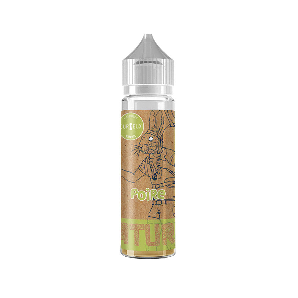 E-liquide Poire Natural 50 ml - Curieux. E-liquide Poire Natural 50 ml flacon transparent avec étiquette marron et dessin de lapin