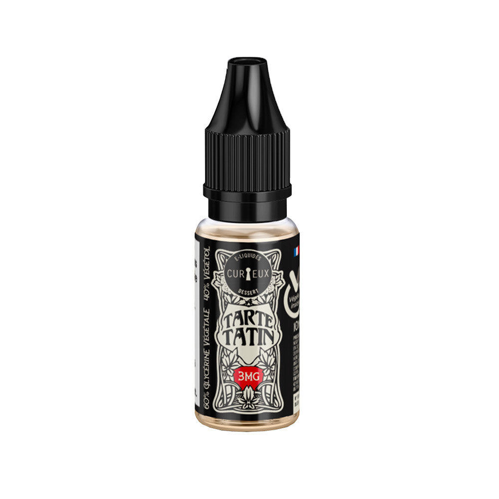 E-liquide Tarte Tatin 10 ml - Curieux. E-liquide Tarte Tatin avec un flacon transparent et un bouchon noir