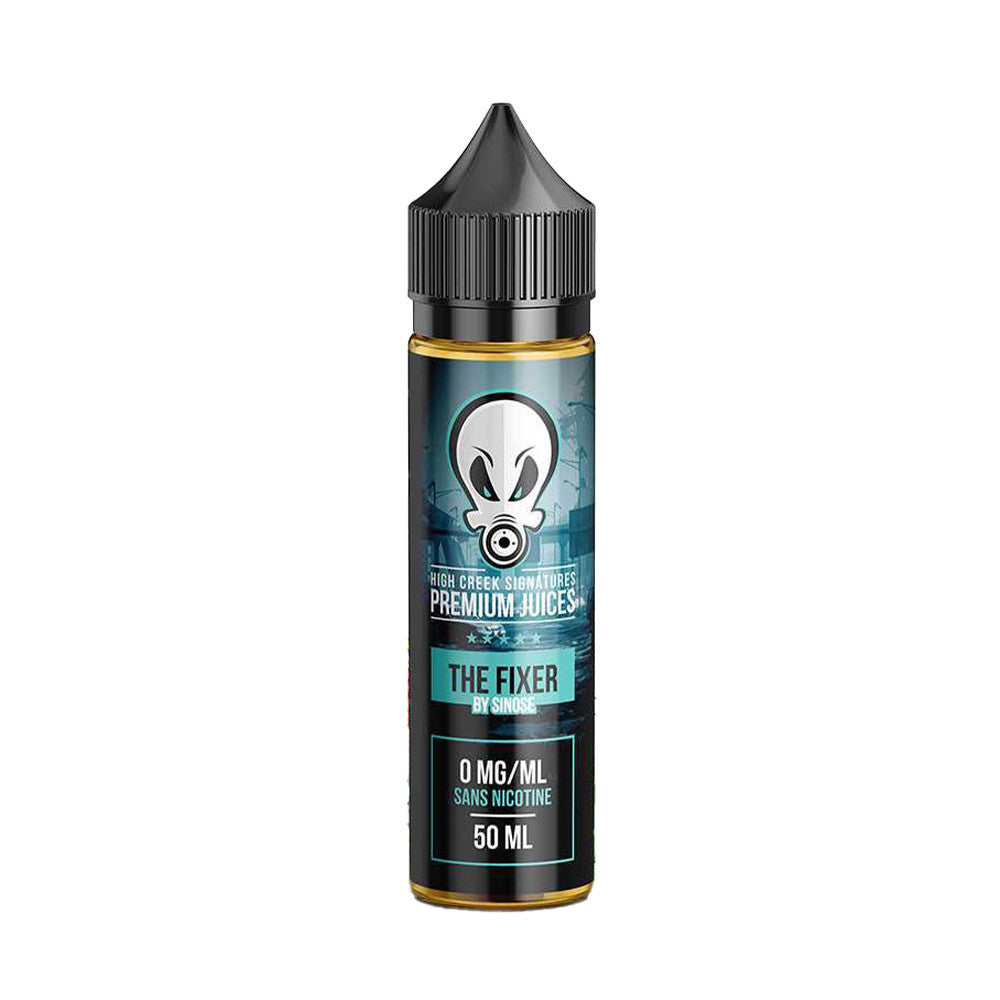 E-liquide The Fixer 50 ml - High Creek. E-liquide The Fixer avec flacon transparent et bouchon noir, étiquette bleue et noire