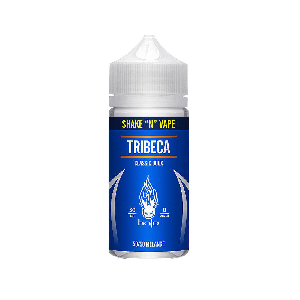 E-liquide Tribeca 50 ml - Halo. E-liquide Tribeca avec flacon transparent et étiquette bleue